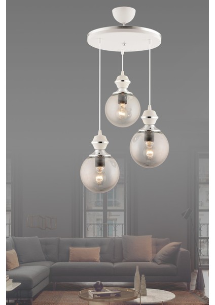 E27 Berru 3lü Tepsi Beyaza Krom Lüks Glop Camlı Modern Avize 3 Metal Gri