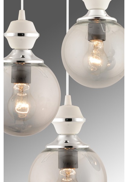 E27 Berru 3lü Tepsi Beyaza Krom Lüks Glop Camlı Modern Avize 3 Metal Gri