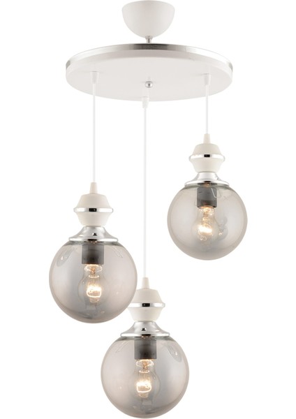 E27 Berru 3lü Tepsi Beyaza Krom Lüks Glop Camlı Modern Avize 3 Metal Gri