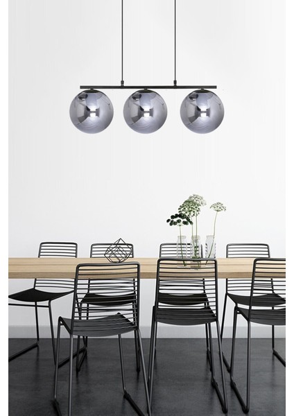 Gri Sezar Siyah Renkli Füme Globe Camlı Modern Tasarım Yemek Masası Üstü -Salon 3 Lü Avize 3 Metal
