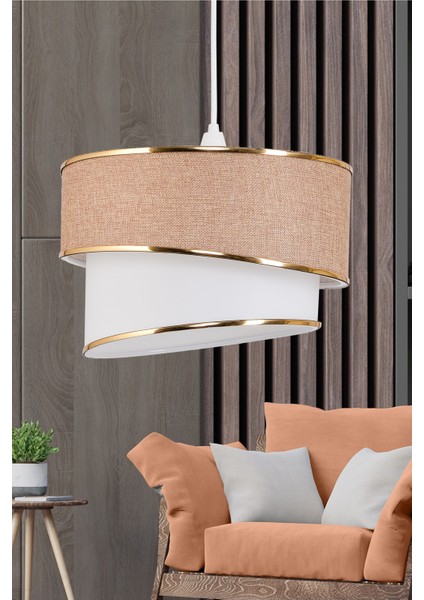 Bej Rüzgar Pasta Tekli Sarkıt Avize ve Gold Abajur Seti Kumbeji 30 3 51-60 cm E27 Tekli Krom