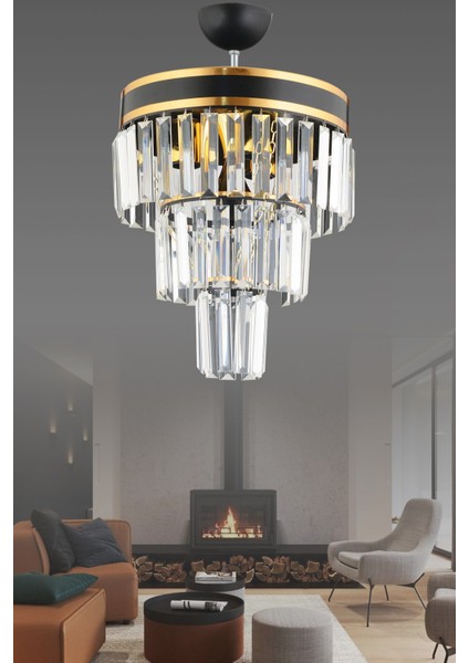 Kristal Taş Paris 3'lü Katlı Siyaha Gold Yaldızlı Kristal Taşlı 30'luk Modern Avize 35 - 50 3 30 Si modelleri