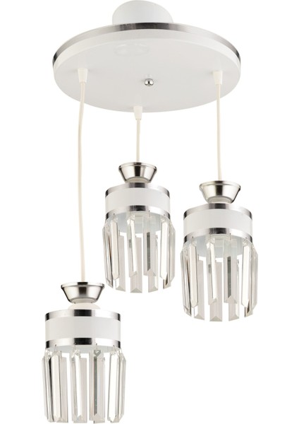 Beyaz Eylül 3 Lü Sarkıt Tepsi Beyaza Krom Kristal Taşlı Yaldızlı Modern Lüks Avize Taşlı 3 Krom E27