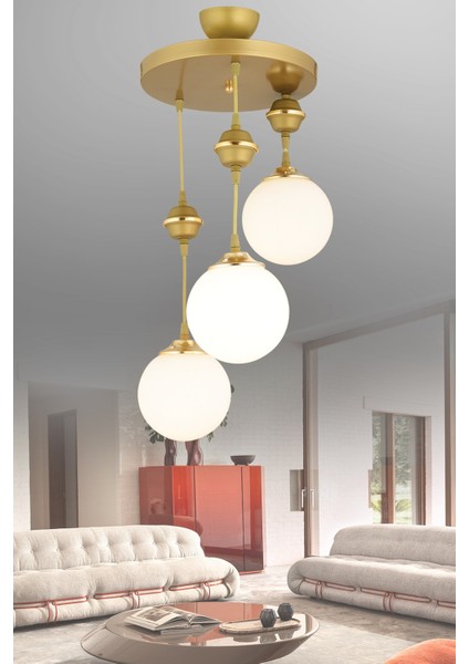 Altın Sarkıt Tepsi Eskitme 3'lü Beyaz Glop Camlı Aşağı Bakan Modern Avize 30 3 Modern Metal E27 81-