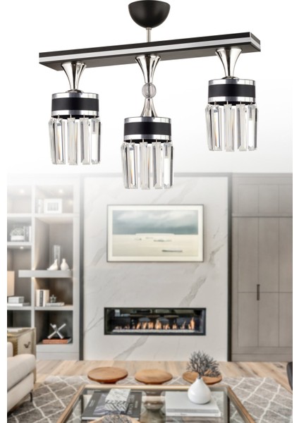 E27 Derin 3 Lü Siyaha Krom Yaldızlı Kristal Taş Modern Avize 3 Siyah Taşlı Metal