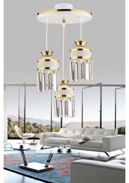 Taşlı Eylül 3 Lü Sarkıt Kristal Taşlı Tepsi Beyaz Sarı Yaldızlı Modern Lüks Avize Metal 3 E27 Beyaz