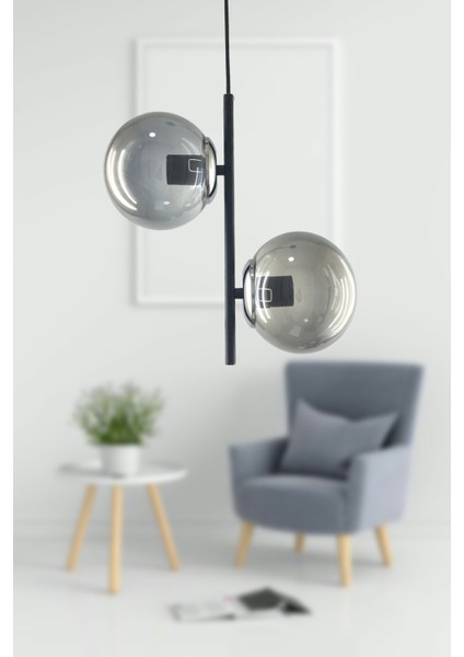 E27 Duet Modern Füme Glop Camlı Sarkıt Avize Siyah 2 Modern Metal