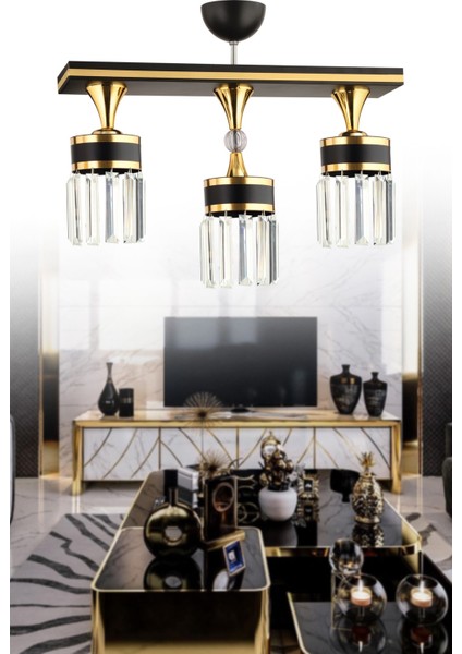 Siyah Derin 3 Lü Caka Kristal Taş Siyaha Gold Modern Avize 3 Taşlı Metal E27