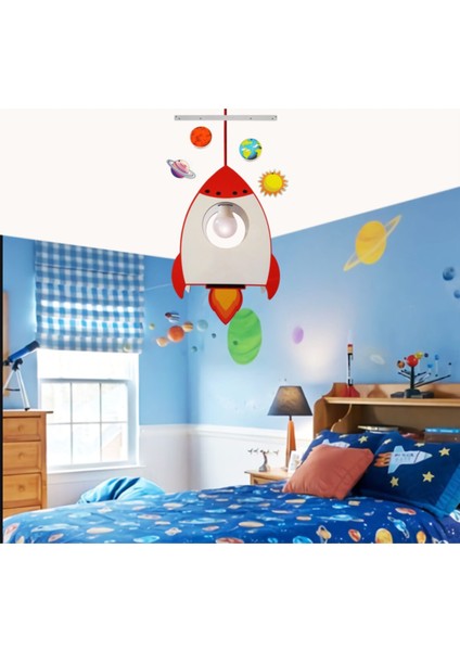 Kırmızı Ahşap Roket ve Uzay Temalı Çocuk Odası Aydınlatma Ahşap Modern 1 E27 Kırmızı