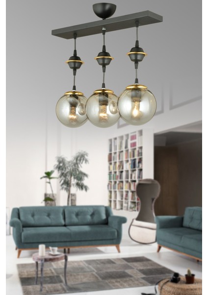71-80 cm Sıralı Siyah 3'lü Füme Glop Camlı Sarkıt Lüks Avize Modern 50 x 50 Metal Siyah E27 3