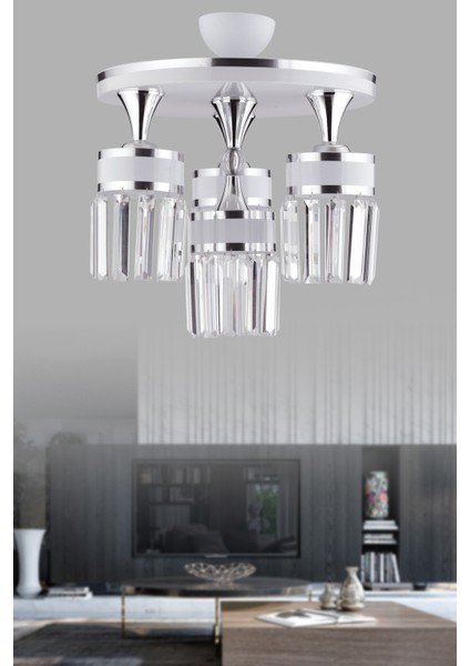 Metal Aslı 4lü Profonyel Kristal Taşlı Beyaz Krom Yaldızlı Lüks Modern Avize Beyaz 4 E27 Modern