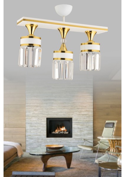 Beyaz Derin 3 Lü Beyaz Gold Kristal Taşlı Caka Modern Lüks Avize E27 3 Metal Taşlı