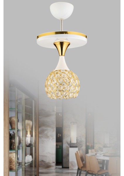 Beyaz Yağmur Kristal Top Beyaz Gold Yaldızlı Tepsili Tekli Modern Lüks Avize 1 E27 Metal