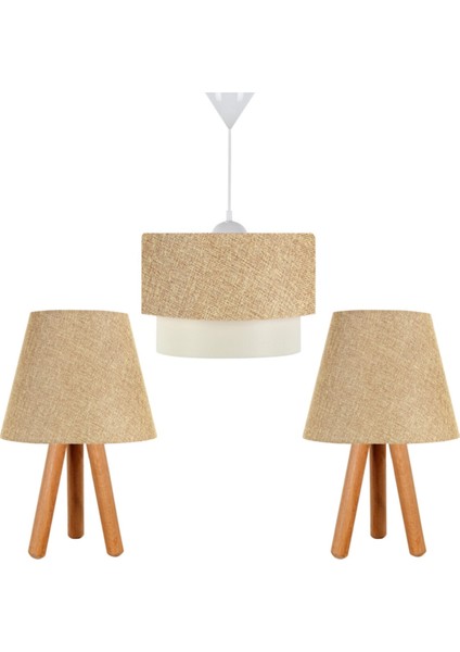 Ahşap 3'lü Set Avize ve Komodin Üstü Ahşap Abajur Kumbeji E27 1 51-60 cm Bej 32 x 55 Şapkalı