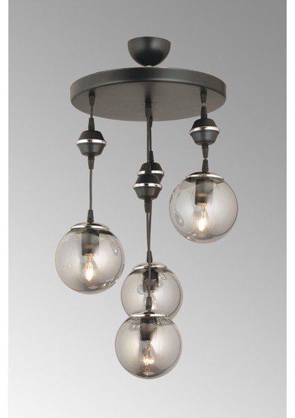 E27 Sarkıt Tepsi Siyah 4'lü Füme Glop Top Camlı Krom Aşağı Bakan Lüks Avize Modern Metal 81-90 cm 3