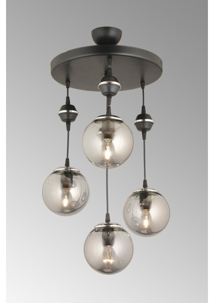 E27 Sarkıt Tepsi Siyah 4'lü Füme Glop Top Camlı Krom Aşağı Bakan Lüks Avize Modern Metal 81-90 cm 3