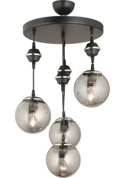 E27 Sarkıt Tepsi Siyah 4'lü Füme Glop Top Camlı Krom Aşağı Bakan Lüks Avize Modern Metal 81-90 cm 3