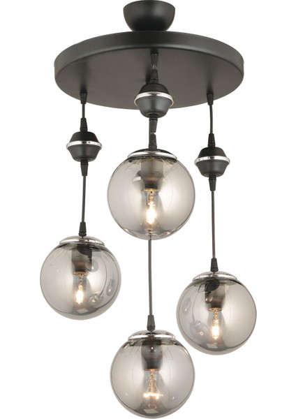 E27 Sarkıt Tepsi Siyah 4'lü Füme Glop Top Camlı Krom Aşağı Bakan Lüks Avize Modern Metal 81-90 cm 3