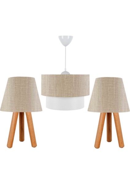 Bej 3'lü Avize ve Ahşap Abajur Seti Friend 1 E27 Şapkalı 35 - 50 Plastik 50 x 30
