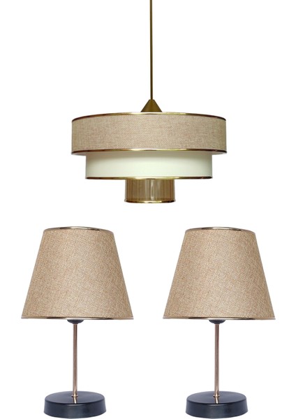 E27 Myk Avize ve Abajur Seti Koyu Bej MA12 Modern 71-80 cm Kumaş Altın 1 30 Salon / Oturma Odası