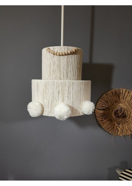 1 Ekru Makrome Avize Çift Kat Pasta Boncuk Ponponlu Çocuk Odası Avize Bebek Odası Avize Ekru E27 20