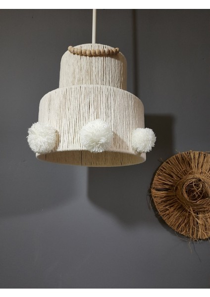 1 Ekru Makrome Avize Çift Kat Pasta Boncuk Ponponlu Çocuk Odası Avize Bebek Odası Avize Ekru E27 20 modelleri