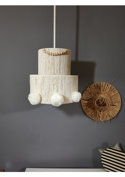 1 Ekru Makrome Avize Çift Kat Pasta Boncuk Ponponlu Çocuk Odası Avize Bebek Odası Avize Ekru E27 20 fırsatları