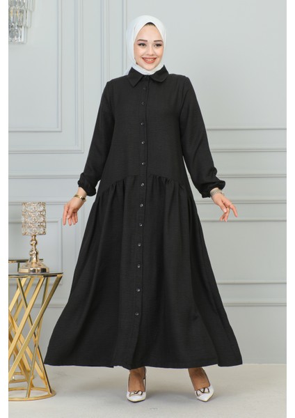 Sofya Keten Düğmeli Kloş ELBISE-2328 Siyah