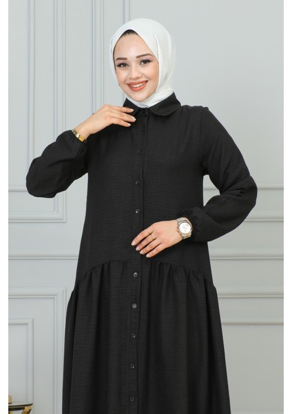 Sofya Keten Düğmeli Kloş ELBISE-2328 Siyah fiyatları