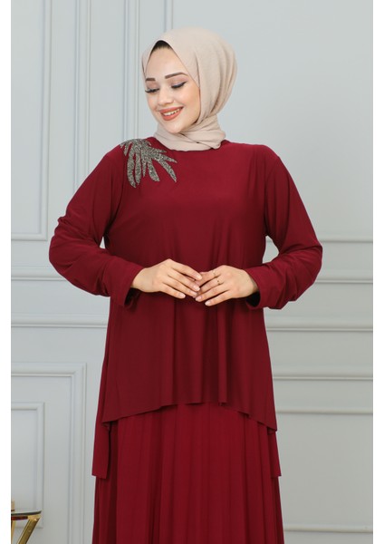 Taş Işlemeli Sandy Etekli TAKIM-3175 Bordo