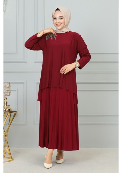 Taş Işlemeli Sandy Etekli TAKIM-3175 Bordo