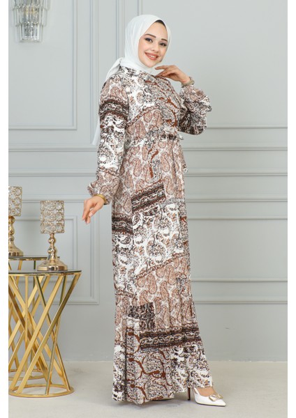 Etnik Desenli Eteği Fırfırlı ELBISE-3164 Kahve fırsatları