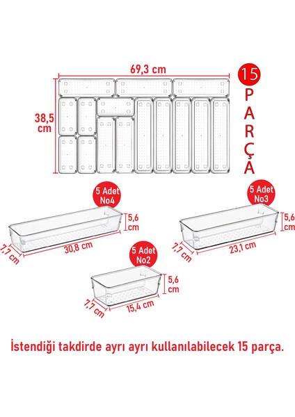 Color House 15'li Modüler Kaşıklık Çatal Bıçak Kaşık Organizer Çekmece İçi Şeffaf Düzenleyici Organizer Kepçelik