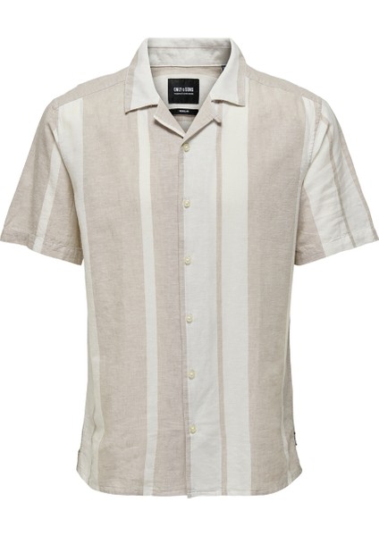 Normal Açık Haki Çizgili Erkek Gömlek Onscaıden Ss Strıpe Lınen Resort Sh