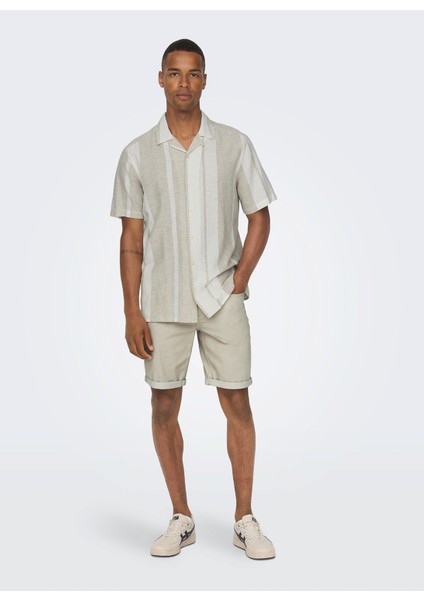 Normal Açık Haki Çizgili Erkek Gömlek Onscaıden Ss Strıpe Lınen Resort Sh fırsatları