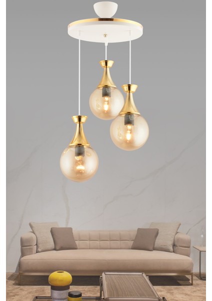 E27 Minel 3 Lü Tepsi Beyaza Gold Bal Cam Glop Cam Salon Avizesi Klasik Beyaz Metal 3 36 x 50 Salon