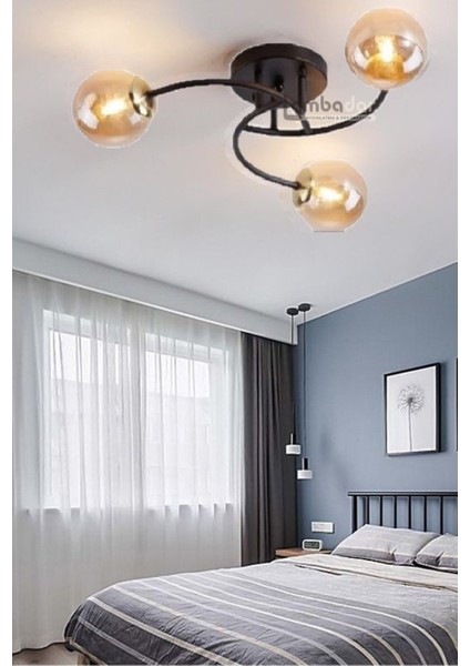 Siyah Luxury Model Plafonyer Üçlü Siyah Modern Bal Camlı Avize Metal Modern