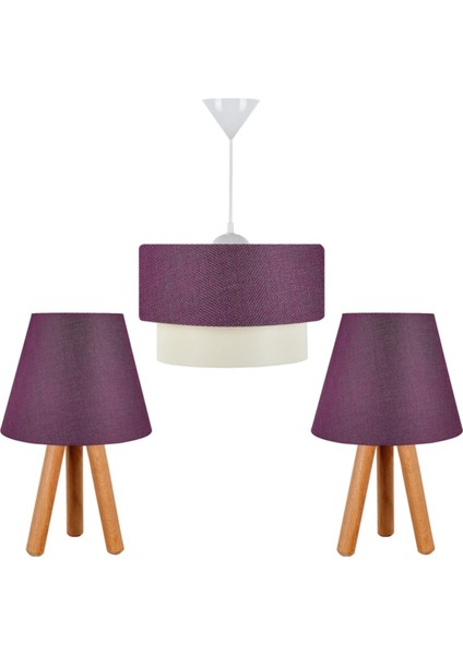 1 3'lü Set Avize ve Komodin Üstü Ahşap Abajur Seti Mor Mor 35 - 50 E27 28 x 55 Kumaş Şapkalı