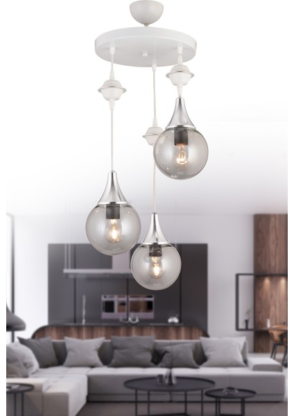 Modern Sarkıt Tepsi Beyaz 3'lü Füme Glop Top Camlı Krom Aşağı Bakan Lüks Avize E27 30 x 30 Beyaz 3