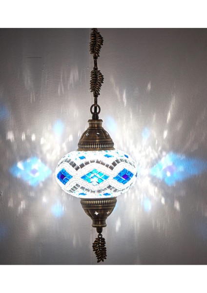 Beyaz Mozaik Lamba Osmanlı Otantik Renkli Camlı El Yapımı Boho Sarkıt, Mavi Beyaz 1 modelleri