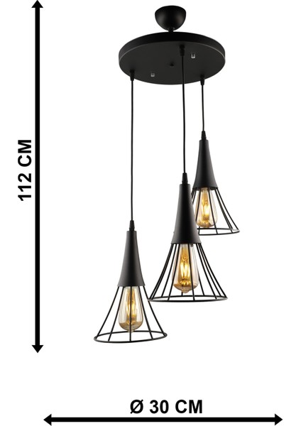 Modern Havana 3.lü Avize Siyah Siyah Tek Ebat 3 Metal E27 101-120 cm