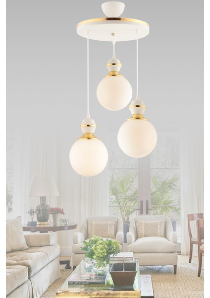 Beyaz Berru 3lü Tepsi Beyaza Gold Glop Camlı Lüks Salon Avizesi E27 Metal 3