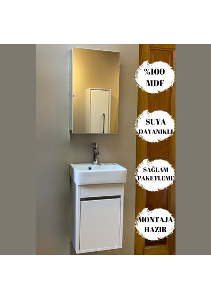 Akt Home 35CM Mini Banyo Dolabı %100MDF Seramik Lavabolu-Alt Üst Takım