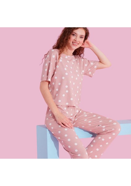 Pembe Puantiyeli Pamuklu Pijama Takım