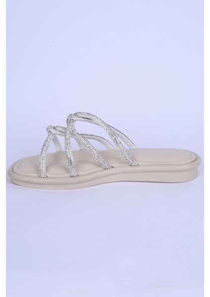 5104 Taş Ipli Rahat Taban Krem Günlük Kadın Terlik modelleri