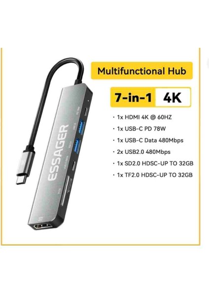 7'in 1'i Laptop/Macbook/Tv/Projektör Hub Çoklayıcı /4K 30Hz HDM/Type-C/TF Kart/SD Kart/Usb 3.2/Usb 2.0/Pd 60W/ 5Gps Hızlı En Son Nesil Yeni Teknoloji Orjinal