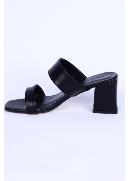 53007 Deri Mat Topuklu Rahat Taban Siyah Günlük Kadın Terlik modelleri