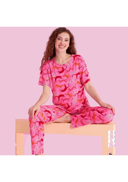 Leopar Pamuklu Kısa Kollu Pijama Takım