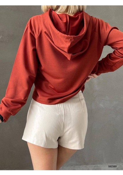 Kadın Pudra Düz Renk Oversize Kalıp Kapüşonlu Hoodie Baskısız Basic Sweatshirt