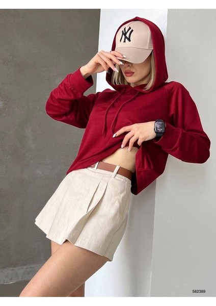 Kadın Pudra Düz Renk Oversize Kalıp Kapüşonlu Hoodie Baskısız Basic Sweatshirt